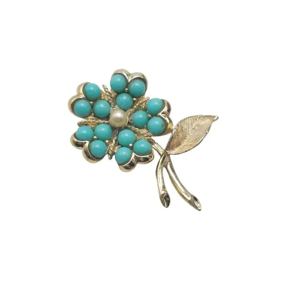 Sarah Coventry Blue Faux Turquoise 1964 Flower Brooch Signed Gold Tone Vintage - Picture 1 of 4